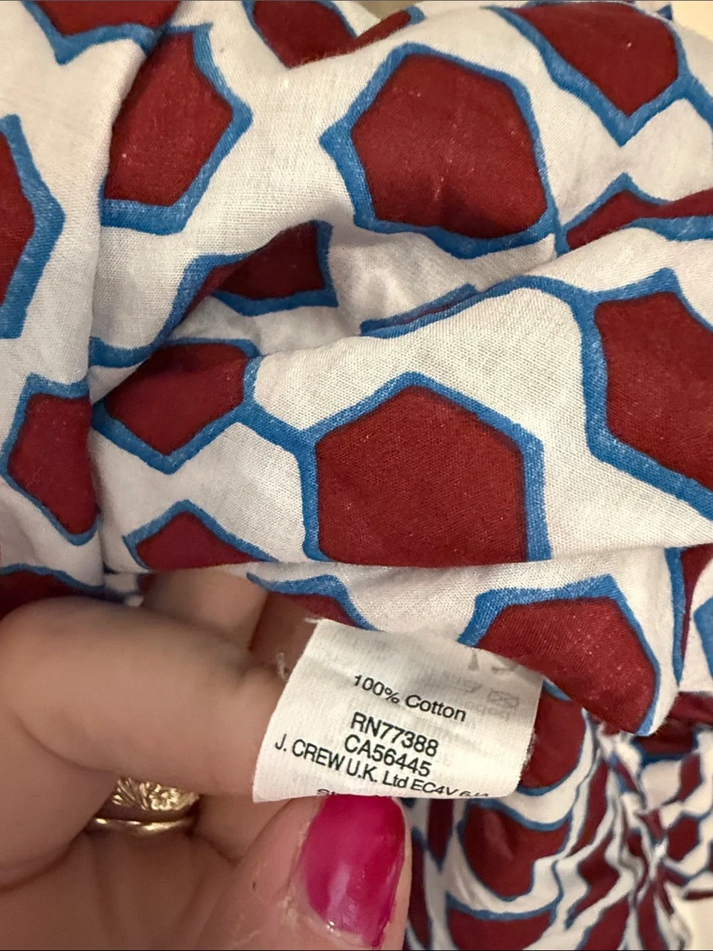J. Crew Burgundy Blue and White Geometric Popover Collared Shirt size 6  Cotton